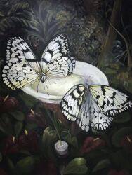 Rule 34 | #b7282e, acrylic paint (medium), animal focus, bug, butterfly, flower, highres, insect, leaf, no humans, original, outdoors, painting (medium), red flower, traditional media, white butterfly, white flower