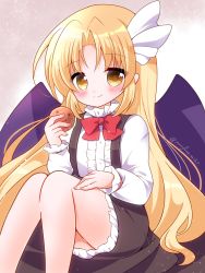 Rule 34 | 1girl, bat wings, blonde hair, blush, bow, bowtie, brown skirt, chocolate chip cookie, closed mouth, commentary request, cookie, food, frilled skirt, frills, hair ribbon, happy, highres, kurumi (touhou), legs, long hair, long sleeves, looking at viewer, purple wings, red bow, red bowtie, ribbon, shirt, sitting, skirt, smile, suspender skirt, suspenders, touhou, touhou (pc-98), very long hair, white ribbon, white shirt, wings, yellow eyes, yurufuwa milk