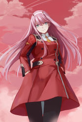 Rule 34 | 10s, 1girl, black pantyhose, closed mouth, darling in the franxx, green eyes, hairband, hands in pockets, highres, horns, long hair, orange neckwear, pantyhose, pink clouds, pink hair, pink sky, red clouds, red sky, redpoke, sky, solo, uniform, white hairband, zero two (darling in the franxx)
