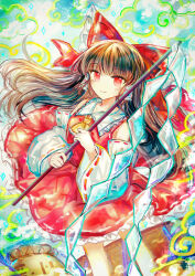 Rule 34 | 1girl, ascot, bow, brown hair, detached sleeves, frilled skirt, frills, gohei, hair bow, hair tubes, hakurei reimu, holding, holding gohei, long hair, nontraditional miko, red bow, red eyes, red shirt, red skirt, sanuo, shirt, skirt, sleeveless, sleeveless shirt, solo, touhou, wide sleeves, yellow ascot