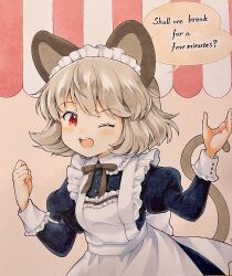 Rule 34 | 1girl, alternate costume, animal ears, english text, grey background, grey hair, highres, iris anemone, juliet sleeves, long sleeves, maid, maid headdress, mouse ears, mouse girl, mouse tail, nazrin, one eye closed, open mouth, puffy sleeves, red eyes, short hair, solo, speech bubble, tail, teeth, touhou, upper body, upper teeth only