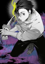 Rule 34 | 1boy, closed mouth, fighting stance, full body, greyscale with colored background, highres, holding, holding sword, holding weapon, jacket, jujutsu kaisen, jujutsu tech uniform, katana, long sleeves, looking at viewer, male focus, okkotsu yuuta, pants, s o i, school uniform, short hair, solo, squatting, sword, weapon