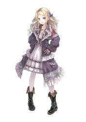 Rule 34 | 1girl, :d, absurdres, atelier (series), atelier rorona, blonde hair, blue eyes, blush, boots, bow, coat, collarbone, cuderia von feuerbach, dress, female focus, frills, full body, hair bow, hair ribbon, hands on own hips, highres, jewelry, kishida mel, knee boots, long hair, necklace, official art, one side up, open mouth, pantyhose, ribbon, simple background, sleeves past wrists, smile, solo, standing, two side up, white background, white pantyhose