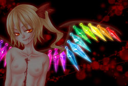 Rule 34 | 1girl, bad id, bad pixiv id, blonde hair, blood, blood on face, blood stain, breasts, crystal, fang, female focus, flandre scarlet, glowing, glowing eyes, hair ribbon, natsumoto, nipples, rainbow order, red eyes, ribbon, short hair, side ponytail, small breasts, smile, smirk, solo, topless, touhou, wings