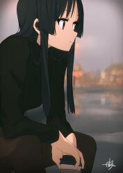 Rule 34 | 1girl, absurdres, akiyama mio, black eyes, black hair, black sweater, blurry, blurry background, brown pants, closed mouth, coffee cup, commentary request, cup, disposable cup, expressionless, highres, k-on!, kicchi (tmgk), long hair, pants, portrait, sitting, solo, sweater, wireless earphones
