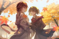 Rule 34 | 2girls, :o, aketa mikoto, autumn, black skirt, blush, bow, bowtie, brown coat, brown hair, coat, eye contact, falling leaves, gradient hair, green hair, holding, holding another&#039;s wrist, holding leaf, idolmaster, idolmaster shiny colors, kevn, leaf, long sleeves, looking at another, maple leaf, multicolored hair, multiple girls, nanakusa nichika, outdoors, pleated skirt, profile, red bow, red bowtie, skirt, tree