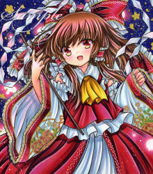 Rule 34 | 1girl, :d, ascot, blue background, bow, brown hair, collared shirt, cowboy shot, detached sleeves, fingernails, floral print, flower, frilled bow, frilled hair tubes, frills, gohei, hair bow, hair tubes, hakurei reimu, holding, holding stick, long hair, looking at viewer, marker (medium), open mouth, print sleeves, red bow, red eyes, red flower, red rose, red shirt, red skirt, rose, rose print, rui (sugar3), sample watermark, sharp fingernails, shirt, skirt, sleeveless, sleeveless shirt, sleeves past wrists, smile, solo, stick, touhou, traditional media, watermark, wide sleeves, yellow ascot