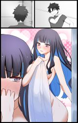 Rule 34 | 1boy, 1girl, 4uu (radicalmp head), absurdres, after bathing, black hair, blue hair, blush, breasts, colored inner hair, comic, embarrassed, fate/grand order, fate (series), fujimaru ritsuka (male), grey eyes, highres, long hair, medium breasts, motion lines, multicolored hair, naked towel, open mouth, partially colored, photoshop (medium), sideboob, silent comic, tenochtitlan (fate), tenochtitlan (second ascension) (fate), towel