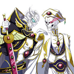 Rule 34 | 2boys, ainz ooal gown, armor, black sclera, code geass, colored sclera, cosplay, gloves, hand on shoulder, hat, holding, holding sword, holding weapon, lelouch vi britannia, lelouch vi britannia (cosplay), multiple boys, nekomaestra9, overlord (maruyama), red eyes, simple background, skeleton, sparkle, sword, touch me, weapon, white background