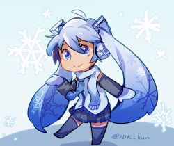 Rule 34 | 1girl, ahoge, blue background, blue eyes, blue necktie, blue shirt, blue thighhighs, chibi, closed mouth, detached sleeves, gloves, hair between eyes, hatsune miku, idk-kun, long hair, looking at viewer, necktie, shirt, sleeveless, sleeveless shirt, smile, snow, snowflakes, snowing, solo, standing, thighhighs, twitter username, very long hair, vocaloid, white gloves, yuki miku