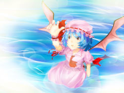 Rule 34 | 1girl, bad id, bad pixiv id, bat wings, blue hair, dress, female focus, frills, harunohotaru, hat, looking away, looking up, open hand, open mouth, outstretched arm, partially submerged, reaching, red eyes, remilia scarlet, ribbon, soaking feet, solo, touhou, water, wings, wrist cuffs