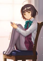 Rule 34 | 1girl, ahoge, aqua bow, aqua bowtie, backlighting, blouse, blunt bangs, bow, bowtie, brown hair, cellphone, chair, commentary request, dress, from side, full body, grey pantyhose, kantai collection, kishinami (kancolle), legs together, long sleeves, looking at viewer, pantyhose, phone, pleated dress, purple dress, school uniform, seamed legwear, shirt, short hair, side-seamed legwear, sitting, smartphone, solo, tantaka, twitter username, wavy hair, white shirt, window, yellow eyes