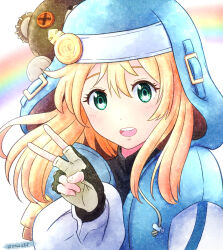 Rule 34 | 1boy, androgyne symbol, blonde hair, bridget (guilty gear), commentary request, fingerless gloves, gloves, green eyes, guilty gear, guilty gear strive, habit, highres, hood, hood up, hooded jacket, jacket, long sleeves, looking at viewer, male focus, medium hair, open mouth, puffy long sleeves, puffy sleeves, roger (guilty gear), smile, stuffed animal, stuffed toy, teddy bear, tmakatof, trap, v