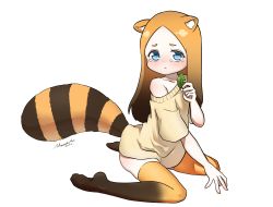 Rule 34 | 1girl, :&lt;, animal ears, blue eyes, blush, closed mouth, from side, gradient hair, highres, looking at viewer, mountain han, multicolored hair, naked sweater, off-shoulder sweater, off shoulder, orange hair, orange thighhighs, original, raccoon ears, raccoon tail, signature, simple background, sitting, solo, striped tail, sweater, tail, tears, thighhighs, wariza, white background, yellow sweater