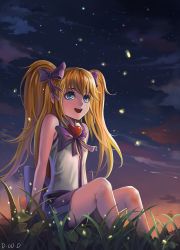 Rule 34 | 1girl, bad id, bad pixiv id, bare shoulders, blonde hair, blue eyes, bow, bug, cloud, dantewontdie, firefly, grass, hair bow, heart, bug, long hair, night, night sky, open mouth, pleated skirt, signature, sitting, skirt, sky, sleeveless, solo, star (sky), twintails