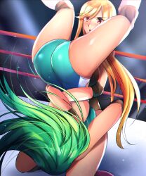Rule 34 | 2girls, ass, blonde hair, boots, fighting, green hair, kochiya sanae, legs over head, leotard, lights, long hair, multiple girls, niwatori (eck16614), piledriver (wrestling), rope, shiny skin, stage lights, submission hold, touhou, touhou tag dream, upside-down, view between legs, wrestler, wrestling, wrestling outfit, wrestling ring