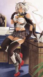 Rule 34 | 1girl, black gloves, black nails, black thighhighs, blush, breasts, dark-skinned female, dark skin, fingernails, glasses, gloves, grey skirt, hair between eyes, highres, holding, kantai collection, large breasts, long hair, musashi (kancolle), nail polish, navel, open mouth, partially fingerless gloves, pleated skirt, pointy hair, red eyes, rudder footwear, sarashi, skirt, smile, solo, thighhighs, two side up, white hair, yunamaro