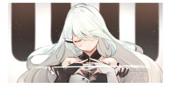 Rule 34 | 1girl, blurry, depth of field, closed eyes, hair ornament, hair over one eye, jewelry, long hair, majo (pastamajo), noir (noworld), noworld, solo, upper body, virtual youtuber, white hair