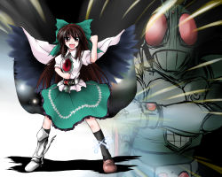 Rule 34 | &gt;:d, 1girl, :d, armor, armored boots, asymmetrical footwear, black gloves, black wings, boots, bow, brown hair, crossover, fingerless gloves, gloves, green bow, green skirt, henshin, henshin pose, highres, kamen rider, kamen rider black rx, kamen rider black rx (series), kazami shirou (kaizou-zumi), masked rider, mismatched footwear, open mouth, parody, reiuji utsuho, rider belt, shirt, skirt, smile, touhou, v-shaped eyebrows, white shirt, wings