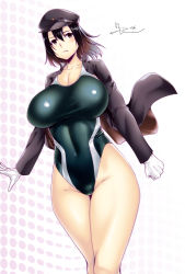 Rule 34 | 1girl, abs, arms at sides, bare hips, black hat, black one-piece swimsuit, breasts, breasts apart, cowboy shot, gradient background, hair between eyes, hat, jacket, jin nai, kantai collection, legs together, military jacket, one-piece swimsuit, peaked cap, skin tight, solo, standing, swimsuit, tagme, thighs, white background