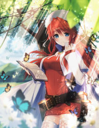 Rule 34 | 1girl, aty, belt, blue eyes, blush, book, boots, buckle, bug, butterfly, dress, flower, hat, insect, long hair, looking at viewer, red dress, red hair, shoes, smile, solo, standing, summon night, summon night 3, summon night 4, summon night 5, thigh boots, thighhighs, tree, white flower, white thighhighs