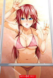 Rule 34 | 10s, 1girl, against glass, armpits, arms up, asami lilith, bikini, blue eyes, blush, braid, breast press, breasts, breasts on glass, cleavage, collarbone, highres, large breasts, long hair, looking at viewer, navel, open mouth, red hair, solo, swimsuit, trinity seven, wet, window, yokoyama kouji