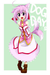 Rule 34 | 10s, 1girl, ahoge, animal ears, arms behind back, bare shoulders, boots, dog days, dog ears, dog tail, dress, female focus, full body, hair ribbon, highres, millhiore f. biscotti, open mouth, pink eyes, pink hair, ribbon, smile, solo, tail
