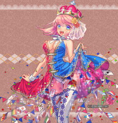 Rule 34 | 1girl, blue eyes, blush, character request, crown, dress, flag, flags of all nations, flower, french flag, fuji minako, german flag, italian flag, japanese flag, multicolored clothes, multicolored dress, open mouth, panties, pink hair, short hair, smile, solo, spanish flag, sparkle, strapless, strapless dress, string of flags, swiss flag, thighhighs, underwear, unmei no clan battle, white panties, white thighhighs
