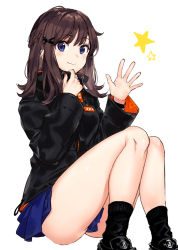 Rule 34 | 1girl, arisaka ako, ass, bad id, bad pixiv id, black footwear, black jacket, black socks, blue eyes, blue skirt, braid, brown hair, closed mouth, commentary request, ear piercing, french braid, hair ornament, hands up, jacket, knees up, long hair, long sleeves, looking at viewer, miniskirt, original, piercing, pleated skirt, shoes, sidelocks, simple background, sitting, skirt, smile, socks, solo, star (symbol), thighs, turtleneck, white background, windbreaker, wristband, x hair ornament