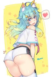 Rule 34 | 1girl, :d, ahoge, animal ear fluff, animal ears, aqua hair, ass, bare shoulders, blonde hair, blue eyes, bra strap, cat ears, commentary request, crop top, crop top overhang, dan (kumadan), drawstring, fangs, gradient hair, hair ornament, hairclip, heart, highres, leaning forward, long hair, looking at viewer, md5 mismatch, midriff, multicolored eyes, multicolored hair, notice lines, off-shoulder shirt, off shoulder, open mouth, original, purple eyes, resolution mismatch, shirt, short shorts, short sleeves, shorts, smile, solo, source larger, spoken heart, standing, star (symbol), star hair ornament, sweatband, thighhighs, thighs, twitter username, white shirt, white shorts, white thighhighs