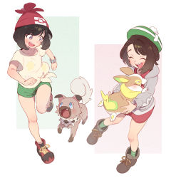 Rule 34 | 2girls, :d, bare legs, beanie, blush, bob cut, boots, bracelet, brown footwear, brown hair, cable knit, cardigan, closed eyes, commentary request, creatures (company), floral print, game freak, gen 7 pokemon, gen 8 pokemon, gloria (pokemon), green headwear, green legwear, green shorts, grey cardigan, hat, holding, holding pokemon, hooded cardigan, jewelry, knees, leg up, multiple girls, nintendo, open mouth, plaid, plaid legwear, pokemon, pokemon (creature), pokemon sm, pokemon swsh, red headwear, rockruff, selene (pokemon), shirt, shoes, short hair, short shorts, short sleeves, shorts, smile, sneakers, socks, standing, t-shirt, tam o&#039; shanter, teeth, ter (otokoter), tied shirt, tongue, upper teeth only, yamper