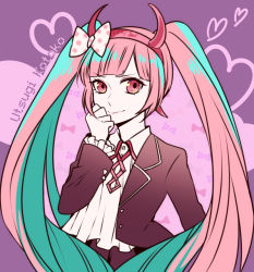 Rule 34 | 1girl, black jacket, bow, child, closed mouth, collared jacket, collared shirt, danganronpa (series), danganronpa another episode: ultra despair girls, eyelashes, fake horns, gradient hair, hairband, hand on own chin, hand on own face, hand up, headband, heart, horned headwear, horns, jacket, long hair, long sleeved jacket, long sleeves, looking at viewer, matching hair/eyes, multicolored hair, pink background, pink eyes, pink hair, pink hairband, pink headband, pink headwear, pink horns, polka dot, polka dot bow, purple background, shirt, smile, twintails, utsugi kotoko, white shirt