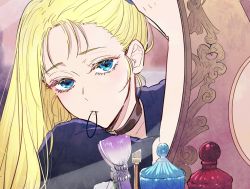 Rule 34 | 1girl, black choker, blonde hair, blue eyes, blue shirt, bottle, chiyo951, choker, closed mouth, commentary request, hair tie in mouth, jujutsu kaisen, long hair, looking at viewer, makeup brush, mirror, mouth hold, nishimiya momo, perfume bottle, reflection, shirt, solo, tying hair, upper body