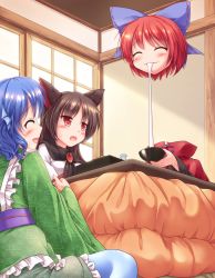 Rule 34 | 3girls, animal ears, blue hair, blush, bow, bowl, brooch, brown hair, cape, chopsticks, closed eyes, disembodied head, fins, food, hair bow, head fins, highres, imaizumi kagerou, japanese clothes, jewelry, kimono, kotatsu, long sleeves, lzh, mermaid, mochi, monster girl, multiple girls, obi, open mouth, red eyes, red hair, sash, sekibanki, shirt, skirt, smile, table, tail, touhou, under kotatsu, under table, wagashi, wakasagihime, werewolf, wide sleeves, wolf ears, wolf tail