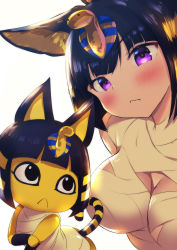 Rule 34 | 1girl, absurdres, animal crossing, animal ears, ankha (animal crossing), bandages, black eyes, blue hair, blunt bangs, blush, bob cut, breasts, cat ears, cat girl, cat tail, colored skin, commentary request, egyptian, egyptian clothes, frown, furry, furry female, hair ornament, highres, large breasts, looking at viewer, miu (umaru katia no hito), multiple views, nintendo, personification, purple eyes, short hair, simple background, tail, white background, yellow skin