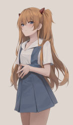 Rule 34 | 1girl, blue eyes, blush, closed mouth, collarbone, commentary, cowboy shot, fingers together, hair between eyes, hair ornament, hinaki (hinaki 0102), long hair, looking at viewer, neon genesis evangelion, shirt, short sleeves, skirt, solo, souryuu asuka langley, striped, suspender skirt, suspenders, twintails, very long hair, white shirt