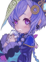 Rule 34 | 1girl, bead necklace, beads, black nails, blush, braid, coin hair ornament, cup, earrings, genshin impact, hair ornament, hands up, hat, highres, holding, holding cup, jewelry, korpokkur kne, long hair, long sleeves, looking at viewer, nail polish, necklace, purple eyes, purple hair, qingdai guanmao, qiqi (genshin impact), simple background, solo, white background