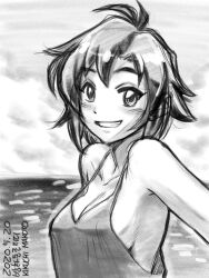 1girl adobe_fresco_(medium) antenna_hair artist_name baggy_clothes banghwadongjopidi bare_shoulders blush breasts character_name cleavage collarbone commentary_request dated day dot_nose greyscale grin highres horizon idolmaster idolmaster_(classic) kikuchi_makoto korean_commentary looking_at_viewer medium_breasts monochrome ocean outdoors short_hair sideboob sketch smile solo tank_top upper_body