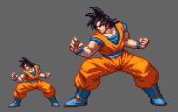 Rule 34 | 1boy, blue footwear, boots, clenched hands, collarbone, dragon ball, dragonball z, fighting stance, full body, ko-ki, legs apart, lowres, male focus, muscular, pixel art, son goku, spiked hair, spread legs