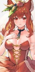 Rule 34 | 1girl, animal ears, anthuria, bad id, bad pixiv id, bare shoulders, blue choker, blue ribbon, blush, breasts, choker, cleavage, collarbone, commentary request, cross-laced slit, dress, erune, granblue fantasy, hair ornament, hand on own chest, hand up, hat, highres, koretsuki azuma, long hair, looking at viewer, medium breasts, open mouth, red dress, red eyes, red hair, red hat, revision, ribbon, ribbon choker, solo, strapless, strapless dress, upper body