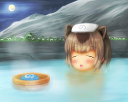 Rule 34 | 10s, 1girl, :d, animal ears, bathing, blush, brown hair, bucket, capybara (kemono friends), capybara ears, commentary request, closed eyes, food, full moon, japari bun, japari symbol print, kemono friends, light brown hair, me2o, moon, multicolored hair, night, onsen, open mouth, outdoors, partially submerged, revision, smile, solo, towel, towel on head, two-tone hair, water