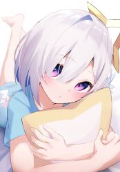Rule 34 | 1girl, amane kanata, angel, angel wings, barefoot, blue hair, blue shirt, blush, colored inner hair, fragir, grey hair, halo, highres, hololive, hugging object, looking at viewer, multicolored hair, pillow, pillow hug, purple eyes, shirt, short hair, solo, star-shaped pillow, star halo, virtual youtuber, wings