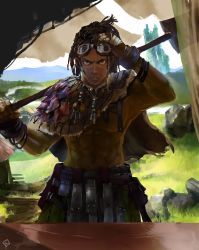 Rule 34 | 1boy, abs, brown eyes, brown hair, dark skin, dreadlocks, facial hair, fantasy, goggles, goggles on head, highres, looking at viewer, male focus, muscular, original, parted lips, polearm, serious, topless male, solo, tsk img, weapon