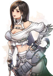 Rule 34 | 1girl, black hair, blush, breasts, cleavage, commentary, earrings, english commentary, feather earrings, feathers, final fantasy, final fantasy vii, final fantasy vii ever crisis, final fantasy vii remake, fingerless gloves, gloves, hand on own hip, highres, jewelry, large breasts, lips, long hair, lukrevadraws, midriff, navel, official alternate costume, open mouth, pink lips, plackart, red eyes, simple background, smile, solo, stomach, swept bangs, teeth, tifa lockhart, tifa lockhart (feather style), upper teeth only, very long hair, white background, white feathers, white gloves