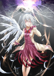 Rule 34 | 1girl, anore (haurifier), dress, feathers, gradient background, highres, jacket, kishin sagume, red eyes, short hair, silver hair, single wing, smile, solo, touhou, wings