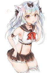 Rule 34 | 1girl, absurdres, animal ears, armpits, azur lane, bad id, bad pixiv id, bare shoulders, black bow, black sailor collar, black skirt, blush, bow, brown eyes, cat ears, commentary request, crop top, fang, hair between eyes, hair bow, highres, long hair, navel, open mouth, pleated skirt, sailor collar, school uniform, serafuku, shirt, sidelocks, silver hair, simple background, skirt, sleeveless, sleeveless shirt, solo, thighhighs, twintails, white background, white shirt, white thighhighs, yayoichi (yoruyoru108), yukikaze (azur lane)