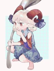 Rule 34 | 1girl, arolayukomori, barefoot, blue dress, blue ribbon, curled horns, dress, earrings, grey hair, holding, holding spoon, horn ornament, horn ribbon, horns, jewelry, open mouth, oversized object, pointy ears, red eyes, red horns, red sleeves, ribbon, sheep horns, short hair, smile, solo, spoon, squatting, touhou, toutetsu yuuma