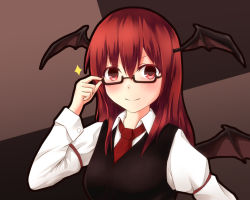 Rule 34 | &gt;:), 1girl, adjusting eyewear, armband, bat wings, bespectacled, blush, brown background, checkered background, colored eyelashes, commentary request, dress shirt, eyelashes, glasses, hair between eyes, head wings, koakuma, long hair, long sleeves, looking at viewer, red eyes, red hair, red neckwear, ryou apollo, semi-rimless eyewear, shirt, sidelocks, simple background, smile, touhou, v-shaped eyebrows, vest, wings