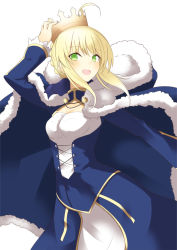 Rule 34 | 1girl, ahoge, artoria pendragon (fate), blonde hair, blue dress, braid, cape, crown, dress, fate/stay night, fate (series), fuu (fuore), green eyes, highres, looking at viewer, saber (fate), sidelocks, smile, solo