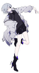 Rule 34 | 1girl, black footwear, black shirt, black shorts, boots, captain yue, closed mouth, eyepatch, eyes visible through hair, full body, grey hair, grey jacket, hair over one eye, high heel boots, high heels, jacket, long sleeves, looking at viewer, off shoulder, open clothes, open jacket, original, puffy long sleeves, puffy sleeves, shirt, short shorts, shorts, simple background, sleeves past wrists, solo, spade (shape), staff, twitter username, white background